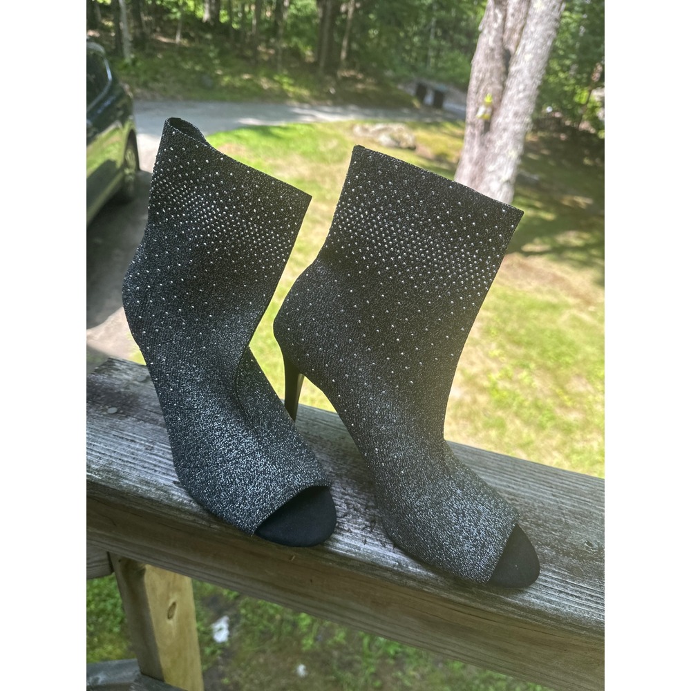 INC International size 10 Silver black Glitter Rhinestone Peep Toe Ankle Boots - Picture 9 of 11